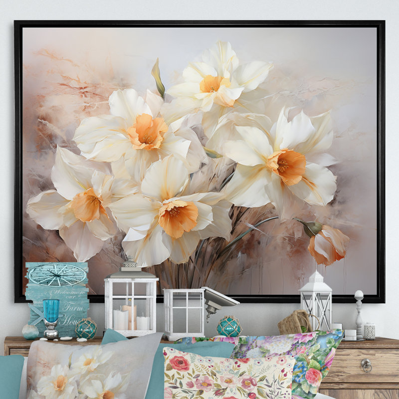 Minimalisme, fleurs de jonquilles blanches et orange sur toile, Cadre photo argenté, H 34 po x l 44 po