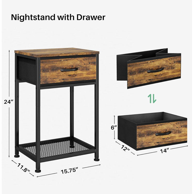 Rustic Brown and Black Wood Nightstands with Fabric Drawer, Set of 2