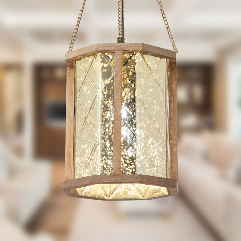 9"W Meckenzie 1-Light Mercury Glass Pendant with Oak Finish Frame