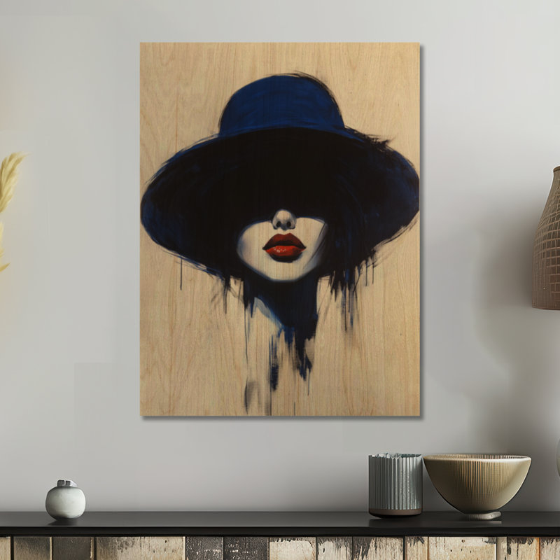 Dame au chapeau bleu I - Illustration de mode - Décoration murale, imprimée sur bois, H 24 po x l 18 po, Rectangle
