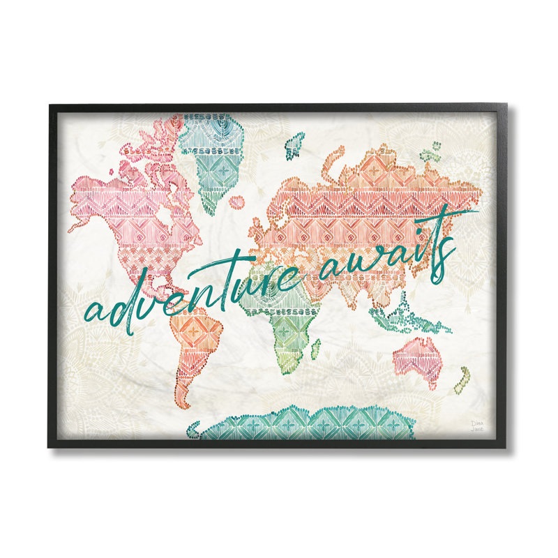 «Adventure Awaits Expression Macrame» Carte du monde, Giclée encadrée noir minuit, H 16 po x l 20 po