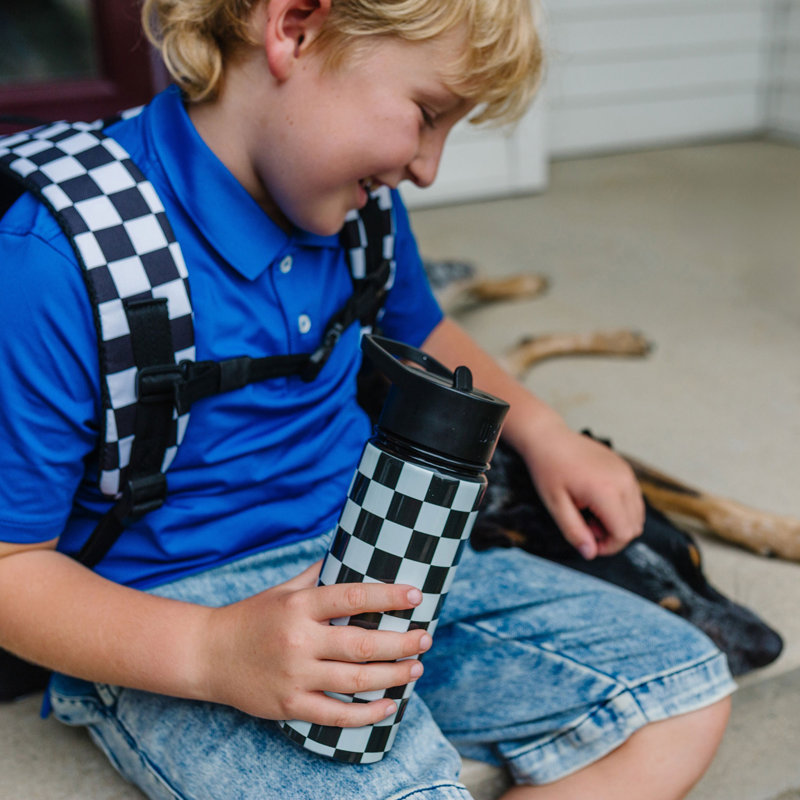 Bouteille d'eau en acier inoxydable 18 oz pour enfants Wildkin - sans BPA, étanche, isolée, facile à nettoyer - damier noir et blanc