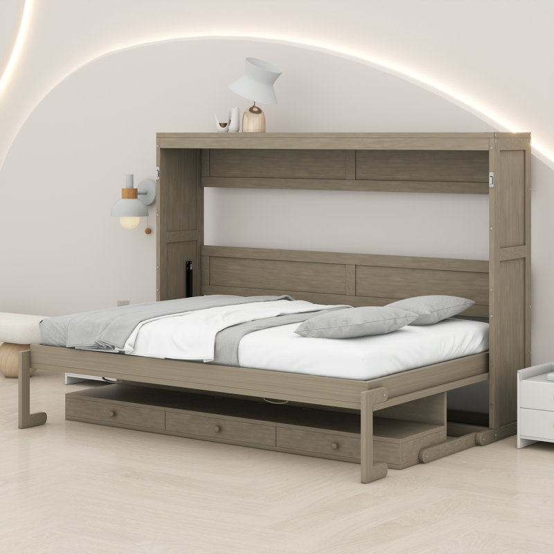 Lit escamotable mural avec rangement, armoire-lit pliable avec bureau, miroir central et tiroirs latéraux, Gris patiné