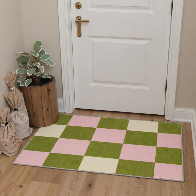 Tapis d'intérieur vert / beige / rose à motif damier lavable à la machine Aura, Rectangle 9' x 12'