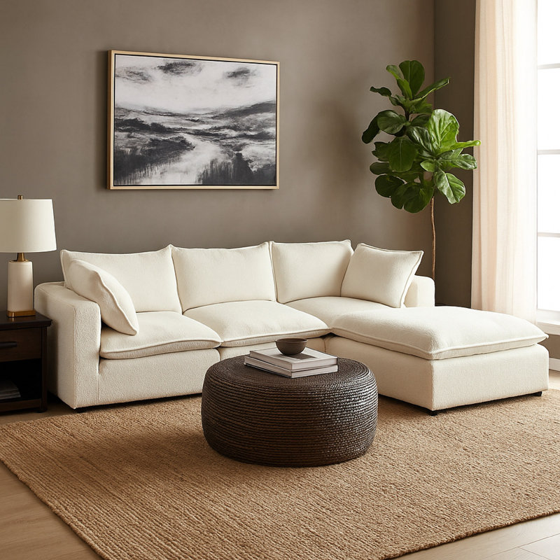 Agg 4Pc L Shaped Sofa Set, Ivory Faux Shearing Fabric, 2 Accent Pillows