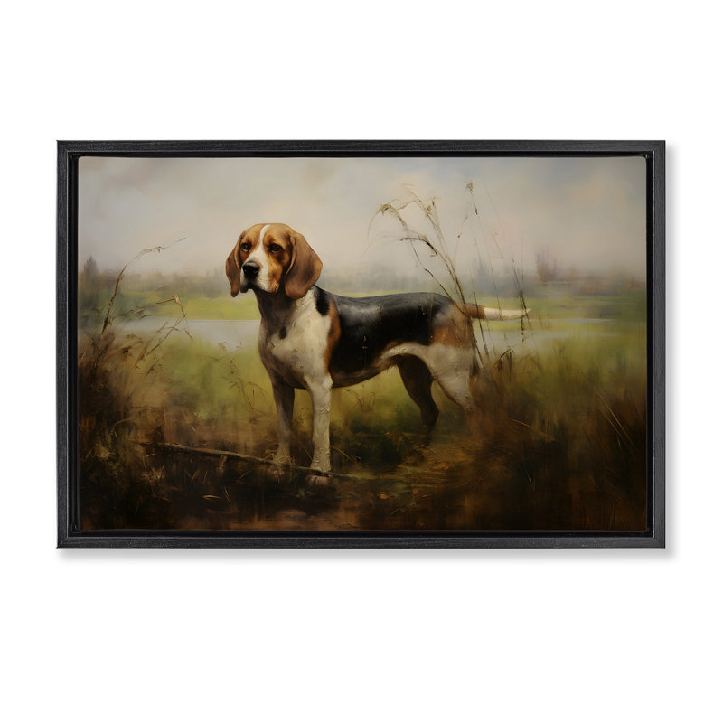 Toile flottante encadrée grise Beagle Dog par Petal Prints Design, Cadre flottant noir de jais, H 17 po x l 25 po