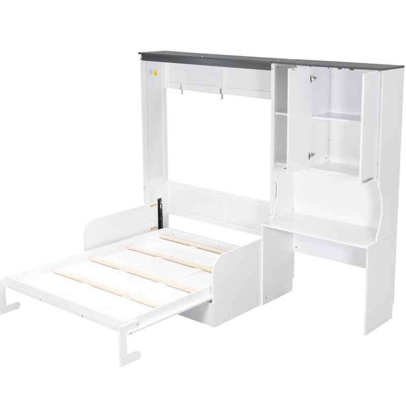 Espace avec lit double, bureau et rangement - Conception pliable, rangement pratique, blanc multifonctionnel intégré pour une vie compacte,