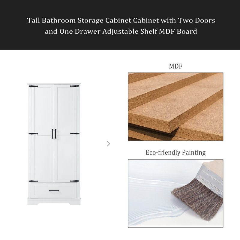 Grande armoire de rangement pour salle de bain, armoire avec deux portes et un tiroir, tablette réglable, panneau de fibres à densité moyenne, blanc