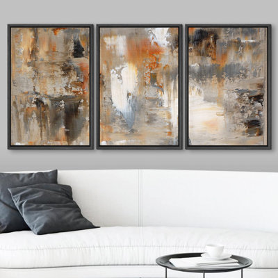 Grunge Abstract Paint Stroke Effect " Black, White And Orange Brushstrokes Chic " 3 - Pieces