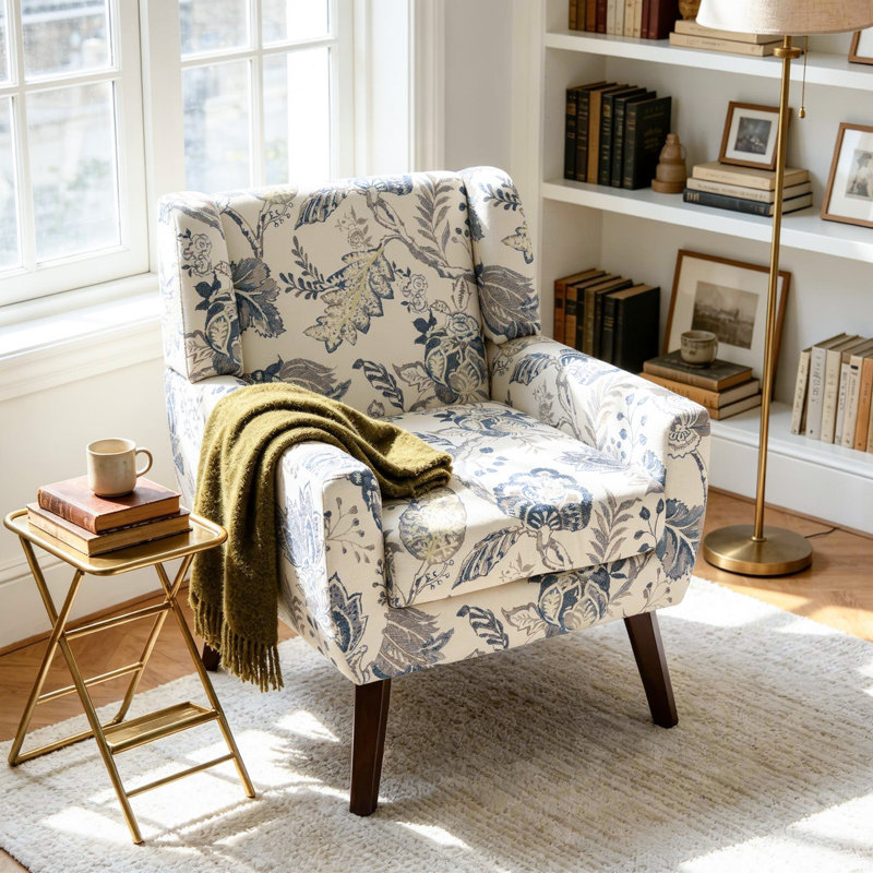 Fauteuil à dossier large capitonné Jaqueze, Mélange de lin performance crème et bleu