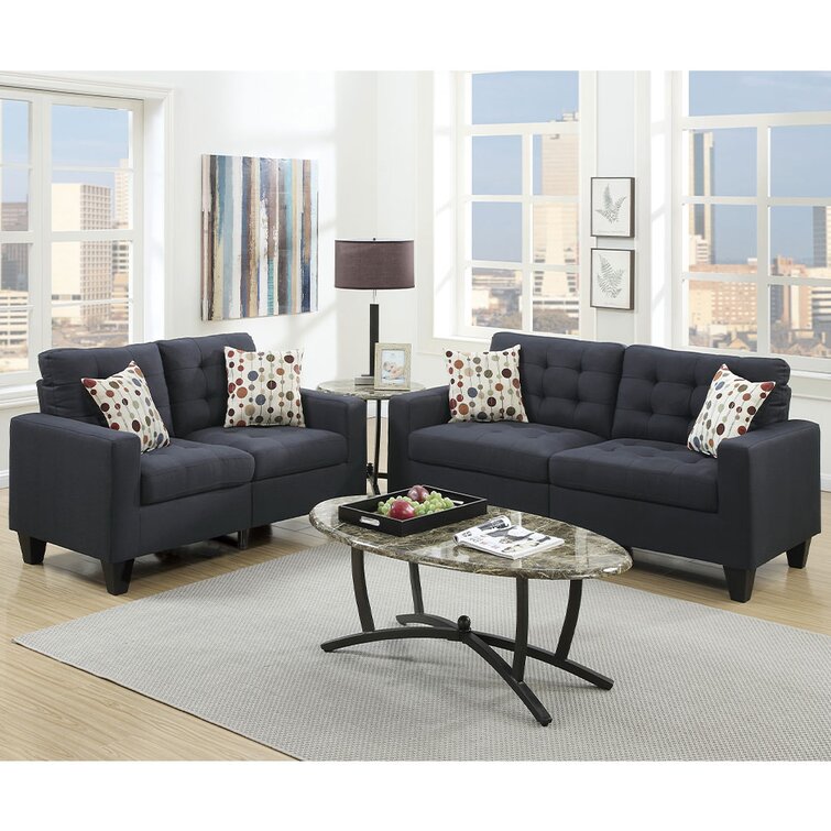 Living Room Furniture 2pc Sofa Set Blue Grey Polyfiber Tufted Sofa Loveseat with Pillows Cushion Couch Solid Pine Latitude Run