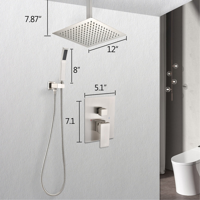 Brushed Nickel Ceiling Mounted Shower Assembly With Handheld And 12" Head - Natural Rainfall Simulation Effect Self-cleaning Nozzle Matches All Standard Arms Complies American Pipe Joints Mixture
