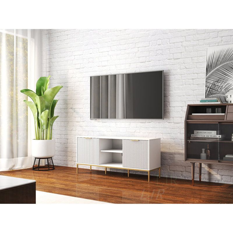 Modern TV Stand With Wave-Design Doors, Open Shelf, And Adjustable Shelf For A Stylish And Functional Living Room