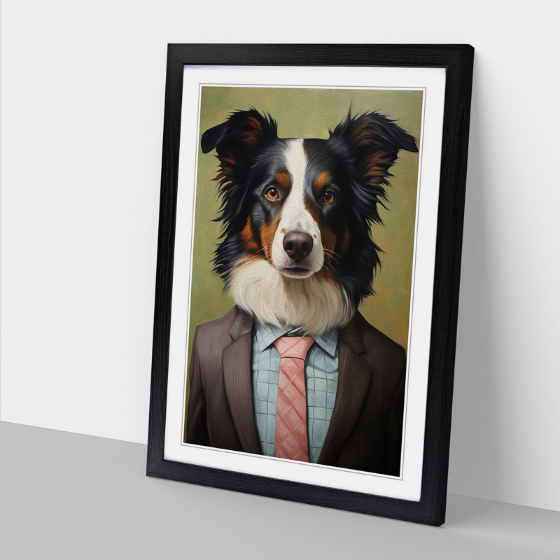 Border Collie In A Suit Painting No.4 - Single Picture Frame Print on Wood, Black Framed, 64cm H x 46cm W x 2cm D
