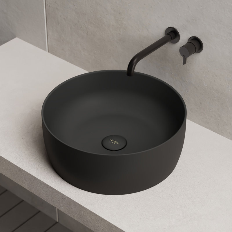 MonBlari 16" Round Solid Surface Bathroom Vessel Sink Matte Black, Matte Black