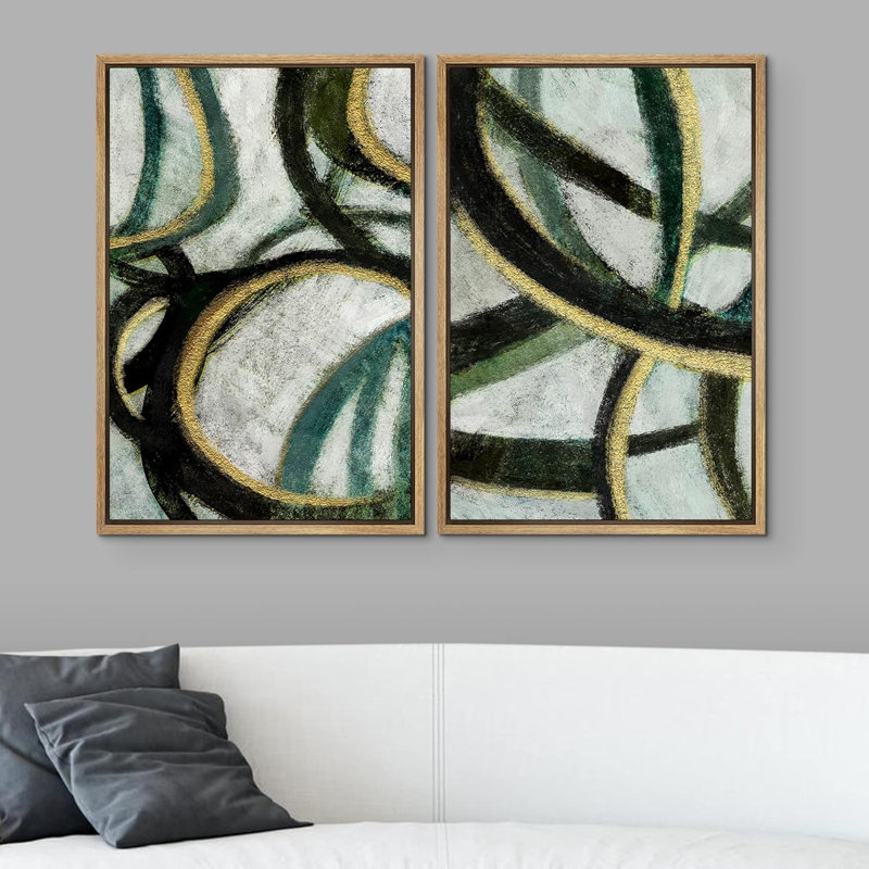 «Black White Geometric Landscape Collage Abstract Shapes», 2 pièces sur toile, Encadré naturel, H 36 po x l 24 po