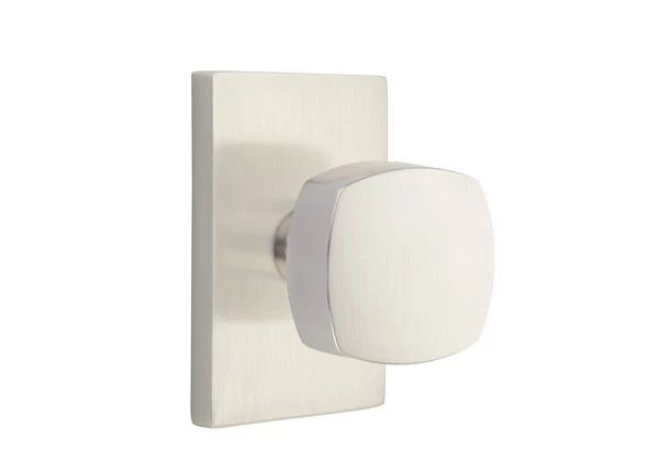 Ensemble de mortaise intérieure Emtek avec rosette rectangulaire moderne et bouton pierre de taille, Nickel satiné