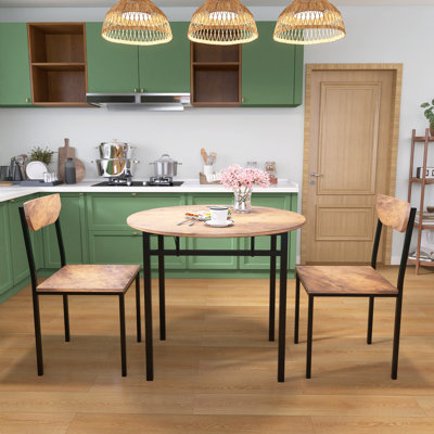 3-Piece Modern Round Dining Table Set, Kitchen Dining Table Set With Drop Leaf And 2 Chairs, Black Frame+Rustic Brown MDF Top For Small Places, Dining Room, Living Room