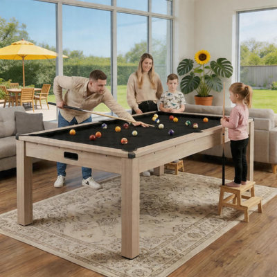 7FT Pool TableM 3 in 1 Pool, Dining, & Table Tennis Combo Table with Accessories (Balls, Cues, Ping Pong),Convertible Billiards and Table Tennis,HDF Wood Grain Finish & Chrome Accents.