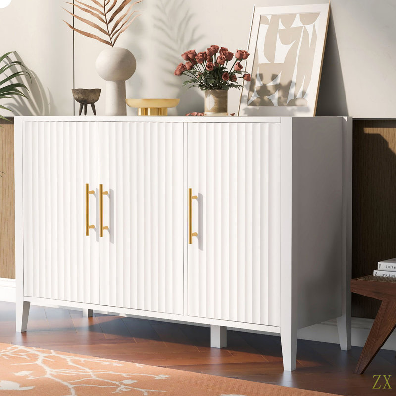 Buffet ondulé à 3 portes avec pieds en pin massif, armoire de rangement à finition peinte de style américain pour le salon, le vestibule, la cuisine et le bureau personnel