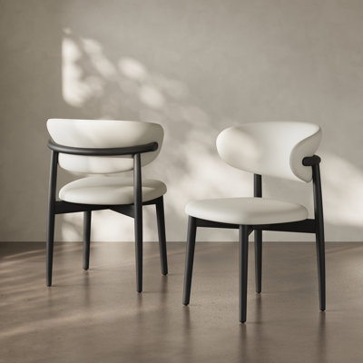 Mid-Century Modern Beige Dining Chairs, Black Solid Oak Wood Kitchen Chairs for Dining Room, Off White PU Leather, No Assembly Required