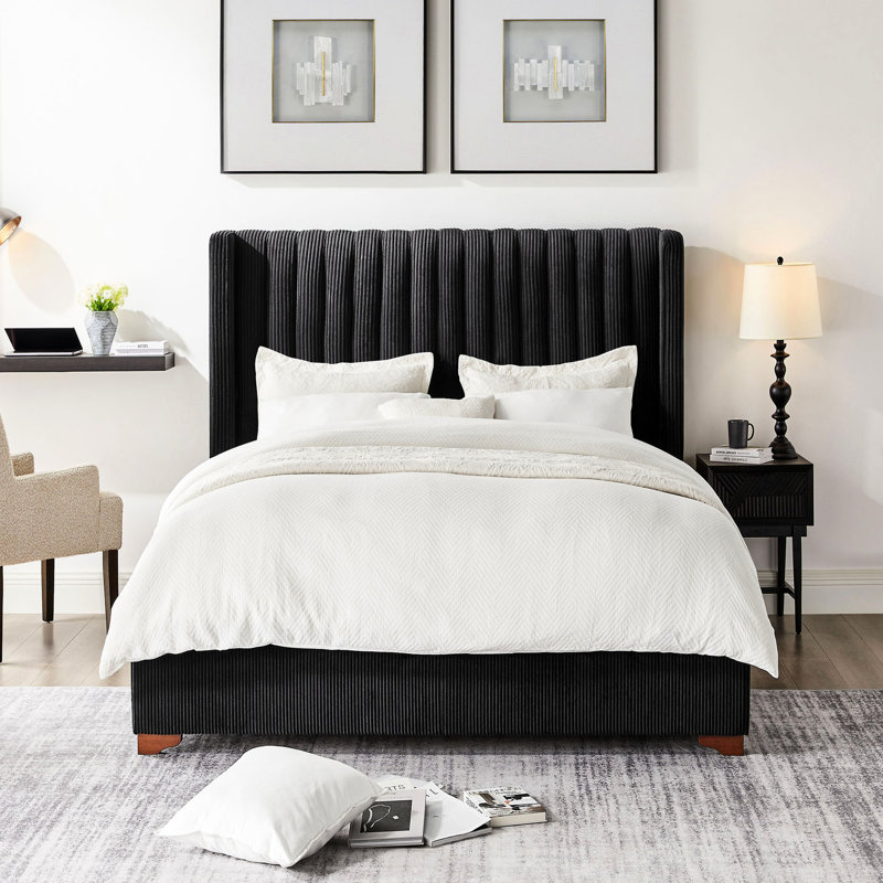 Structure de lit double avec tête de lit en velours côtelé et lattes en bois - aucun sommier noir requis pour un style grand lit