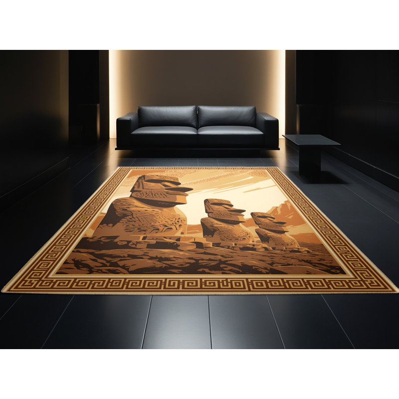 Machine Washable Orsolya Polynesian Moai Statues Classic Oriental Rug in Brown – Beige Binding, 3x5