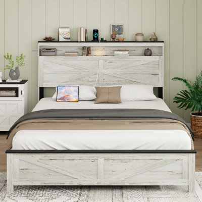 Full - Size Bedroom Bed Frame With Led Lights And Charging Function, Antique White Gray Classic Style, No Box Spring Necessary, Headboard Hidden Storage, Metal Wood Materials, Fast Simple Setup + For