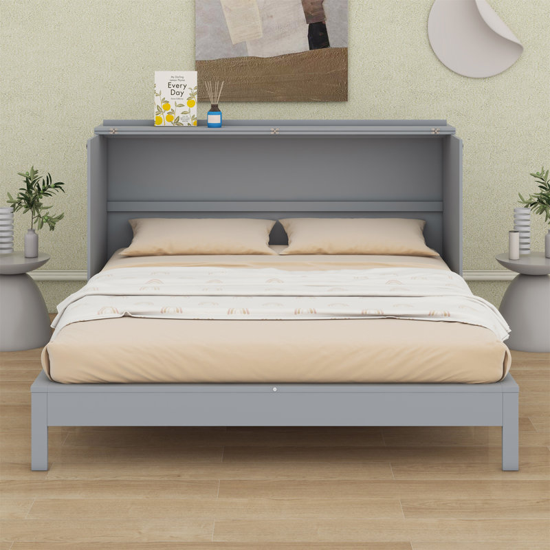 Lit escamotable avec grands tiroirs Murphy, Gris, Grand lit