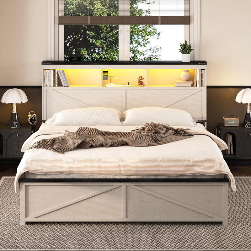 Base de lit de style campagnard avec tête de lit avec rangement de 48 po de hauteur, Complète