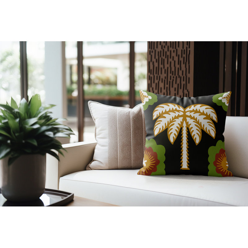 Coussin en microsuède Fisal, Black/Ochre/Brown/Green Floral, Carré 18 po
