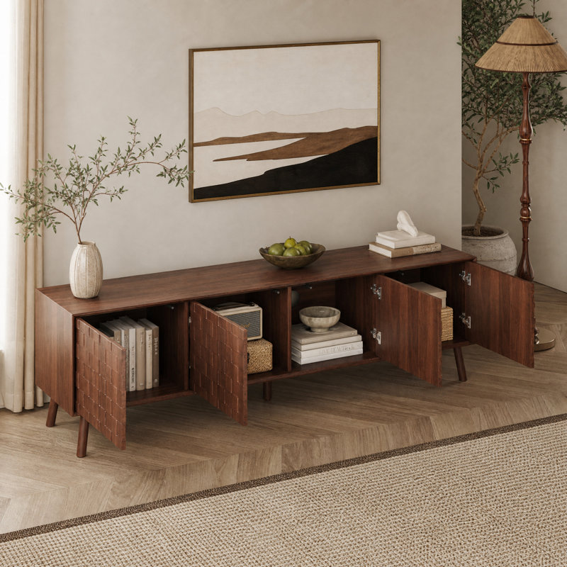 Meuble télé moderne texturé de 70,8 pouces (180 cm) pour téléviseurs jusqu'à 80 pouces (203 cm) pour salon, fini noyer