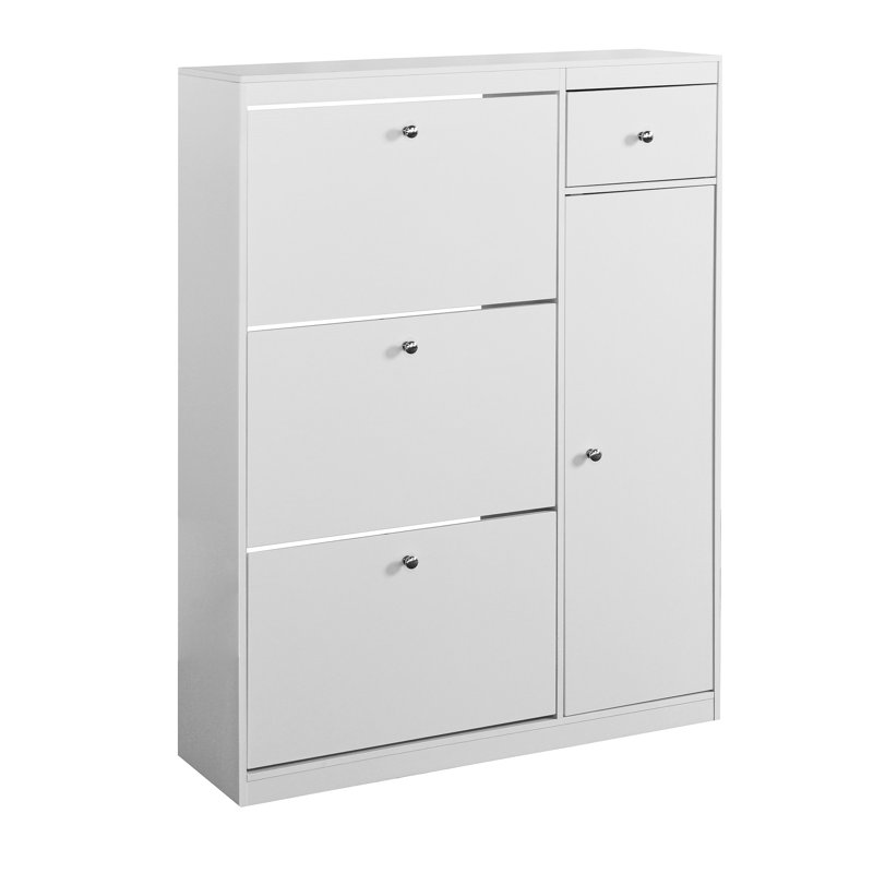 Armoire à chaussures étroite blanche avec 3 tiroirs rabattables et une étagère réglable dans un arrangement de rangement