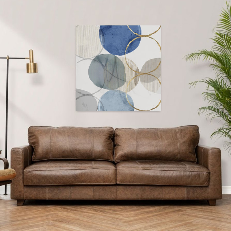 Art mural abstrait contemporain circulaire bleu et doré II, H 36 po x l 36 po