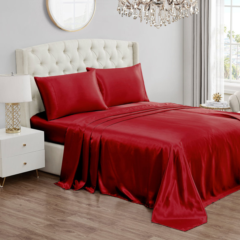 Juicy Couture Premium Silky Satin Sheet Sets, King Sheet Set with 2 Pillowcases, Red