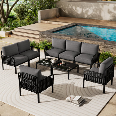  9-Piece Outdoor Sectional Patio Conversation Set with 2 Coffee Tables and Deep Cushions, Black Gray