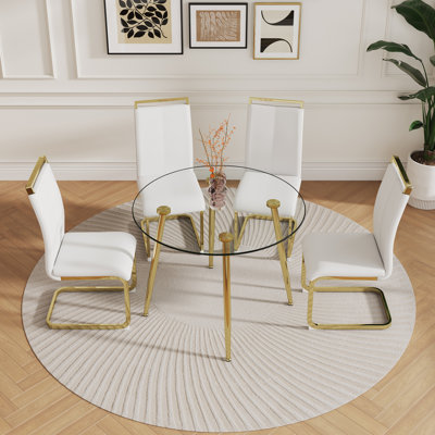 Contemporary Luxe Round Glass Dining Room Set with 4 Faux Leather Cantilever Chairs