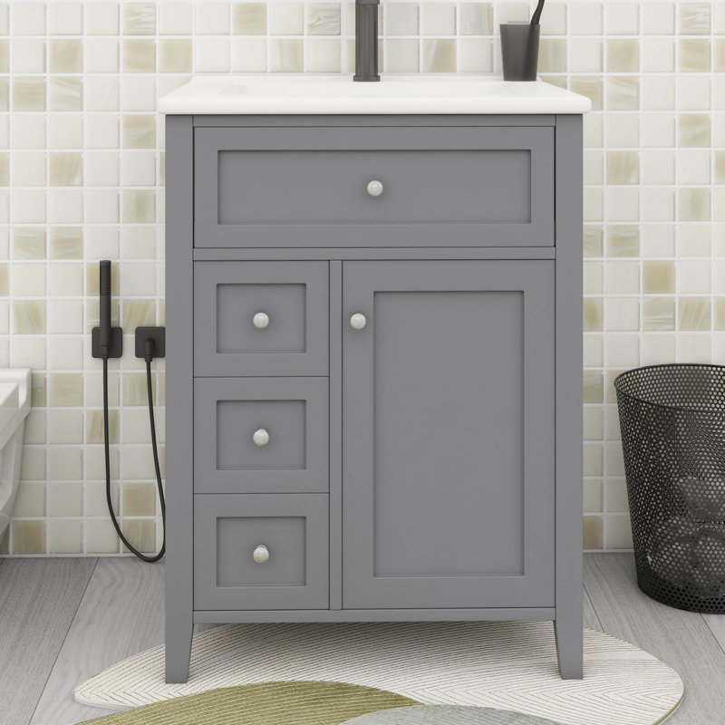 Meuble-lavabo 24 po avec lavabo, 1 tiroir rabattable et 2 tiroirs, tablette réglable, Gris, Argent argent