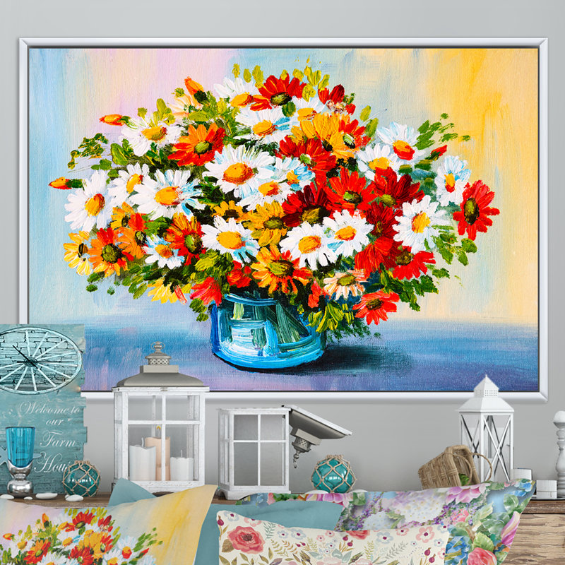 " Still Life Red And White Flowers In Vase ", 12" H x 20" W x 1" D, White Floater Framed Canvas