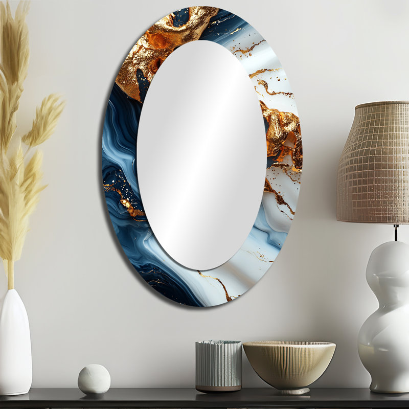 Géode abstraite dorée et bleue forme de marbre III - Miroir décoratif abstrait ovale sur métal, 36 po x 24 po