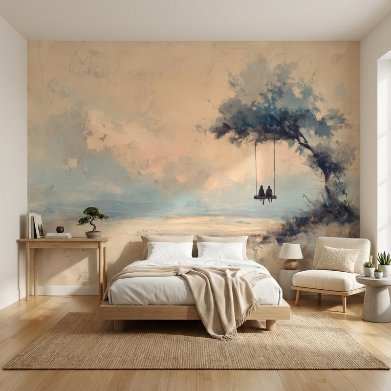 Papier peint minimaliste arbre, fresque murale abstraite et onirique, 120"x96", Peel and Stick
