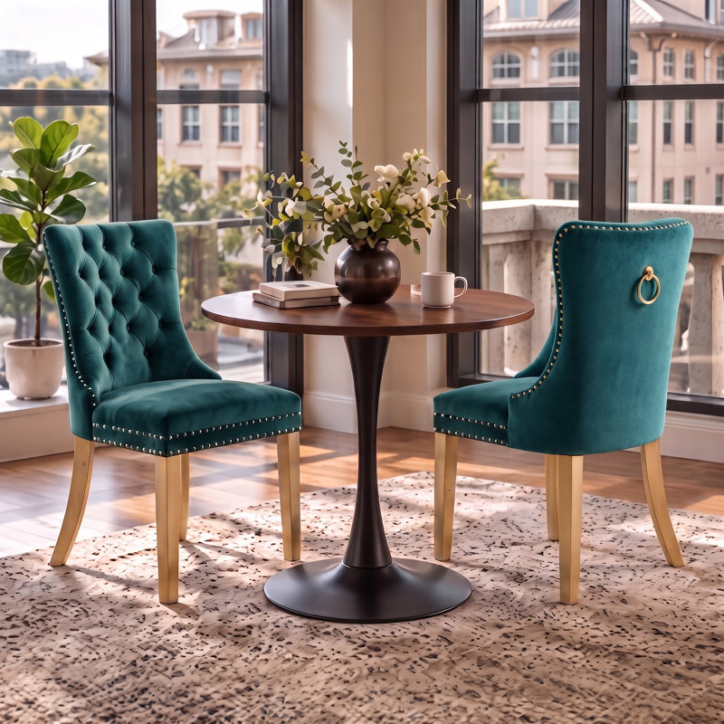 Ensemble de salle à manger rond 3 pièces avec 2 chaises rembourrées, Brown/Black, Green/Gold