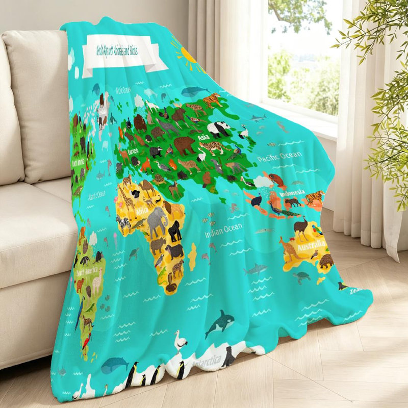 Jeté en flanelle transparente molletonné, imprimé mappemonde avec animaux, Throw 40" x 50"