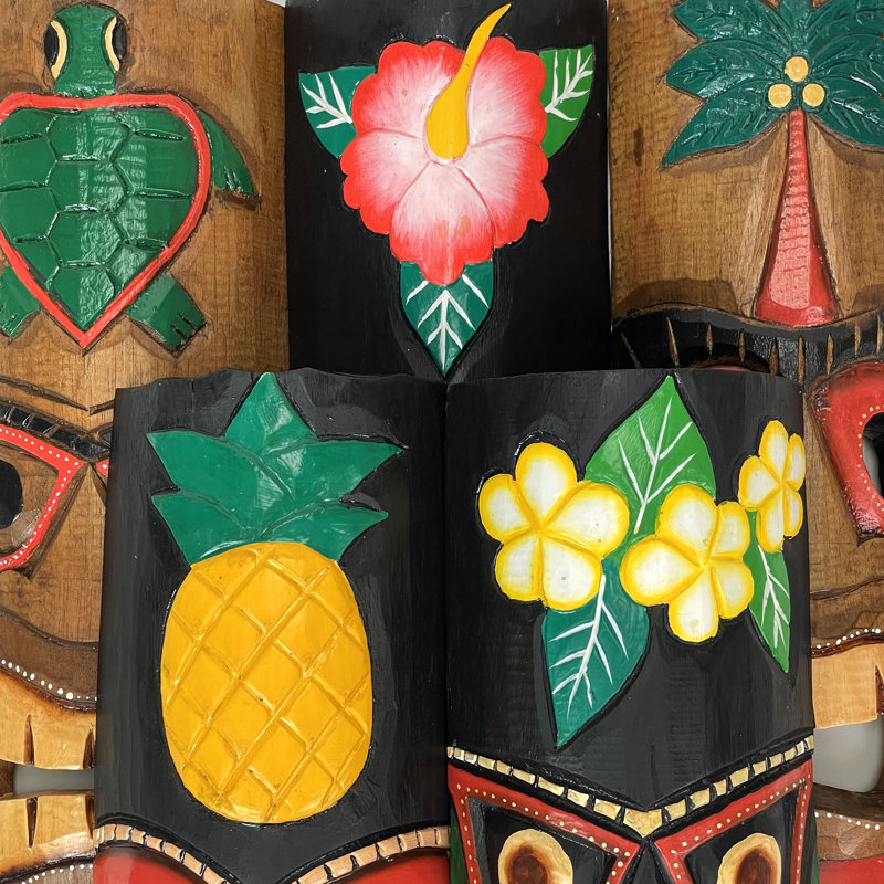Tropical Polynesian set of 5 multicolored hand-carved sustainable Indonesian Albesia wood tiki wall masks — 19.75" H x 5.75" W x 2.5" D