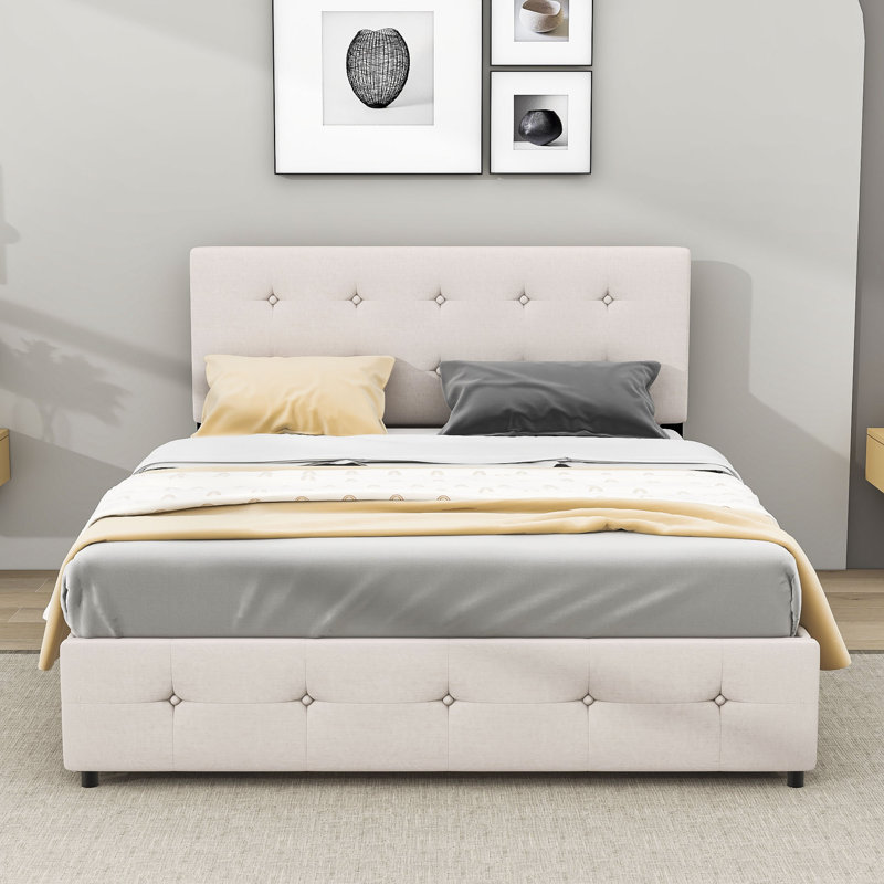 Grand lit plateforme tapissier avec rangement Daryll, Beige
