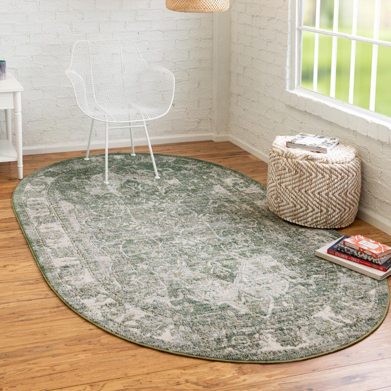 Alresford Oriental Green Area Rug, Oval 3'3" x 5'3"