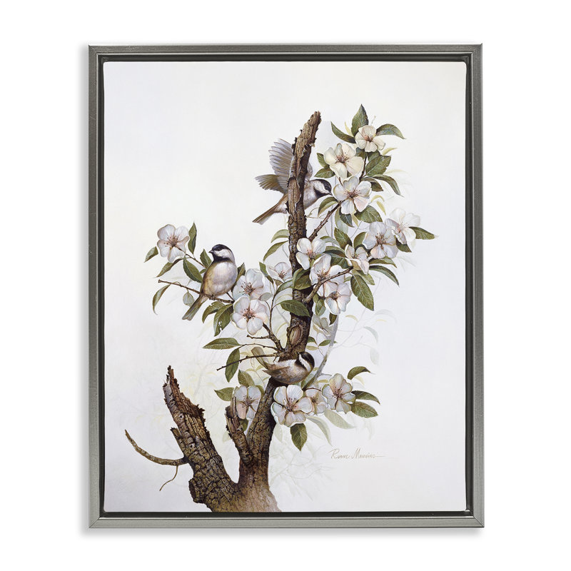 Oiseaux sur une branche d'arbre floral, toile encadrée dorée, design par RUANE MANNING, H 31 po x l 25 po
