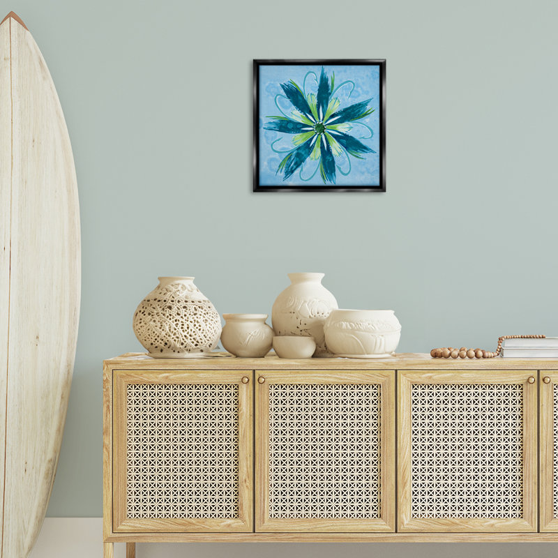 Cadre flottant bleu et vert à motif floral abstrait, design par Liz Jardine, H 18 po x l 18 po, Cadre flottant noir de jais