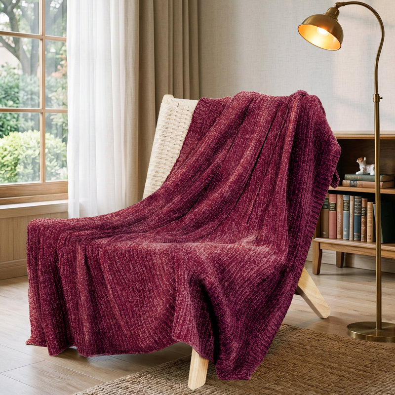 Soft Plush Lightweight Reversible Chenille Throw Blanket, Burgundy
