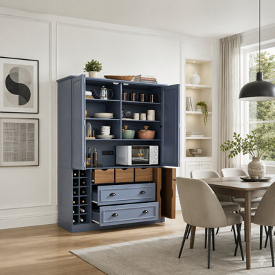 Garde-manger de style champêtre de 53,2 pouces avec portes pliantes, casiers à vin et 5 tiroirs